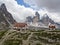 Aerial view of the Antonio Locatelli hut is a refuge in Alto Adige-South Tyrol, the Paterno mountain and the Tre Cime di Lavaredo