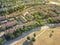 Aerial view apartment complex building, canal and park