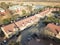 Aerial view apartment complex near canal in Irving, Texas, USA