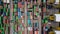 Aerial view of area with stacked containers at the port, Top view stack of freight containers in rows at the shipyard, Global