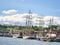 Aerial view of Armada exhibition sailboats at Rouen dock. International meeting for biggest old schooners and frigates in world