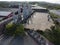 Aerial view around the Chinese temple by the beach where gigantic deity statues