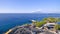 Aerial view of the arrival of the ship with tourists in the port bay. sea transport. Sorrento city, tourism concept, vaca