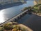 Aerial view of Ashopton Viaduct on the Ladybower Reservoir in Derbyshire