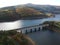 Aerial view of Ashopton viaduct and the Ladybower reservoir in Derbyshire