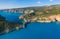 Aerial view of Assos in island of Cefalonia, Ionian, Greece. Aerial drone photo of beautiful and picturesque colorful