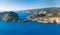 Aerial view of Assos in island of Cefalonia, Ionian, Greece. Aerial drone photo of beautiful and picturesque colorful