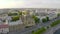 Aerial view of the Assumption Church and the embankment of the Neva River in Petersburg in the evening at sunset