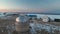 Aerial view of the astronomical observatory in the North Caucasus late in the evening against the background of Mount