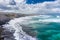 Aerial view of Atlantic coast at Ribeira Grande. Blue water and clouds. Island of Sao Miguel, Azores Islands, Portugal, Europe