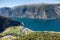 Aerial view at Aurland town and Aurlandsfjord. Summer sunny day, Norway, Scandinavia