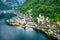 Aerial view of austrian mountain village Hallstatt and Hallstatter lake. Beautiful summer time. Salzkammergut, Austria. Hallstatt