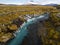 Aerial View of autumn foliage at Hraunfossar Waterfalls in Husafell, West Iceland