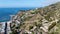 Aerial view of Avalon downtown with their houses on the cliff in Santa Catalina Island, USA