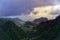 Aerial view from Balcoes viewpoint at green hills and mountains in Faial county, Madeira