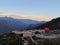 Aerial view balloon flight in the mountains. Beautiful panoramic landscape of the tourist complex at sunset in the mountains