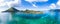 Aerial view Banda Islands Moluccas archipelago Indonesia, Pulau Gunung Api, Bandaneira village, coral reef caribbean sea. Kora