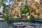 Aerial view of a Bangkok water bus and construction Site along the embankment.