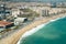 Aerial view of Barcelona, Barceloneta beach and Mediterranean se