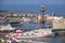 Aerial view of Barcelona city and port with yachts