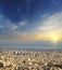 Aerial view of Barcelona at sunset, Spain