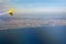 Aerial view of Barcelona with Vueling Airline wing and port