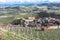 Aerial view of Barolo and its vineyards, Langhe, Italy