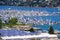 Aerial view of the bay and marina from the hills of Sausalito; solar panels installed on the rooftop of a building, San Francisco