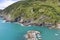 Aerial view on bay with moored boats in the marina, Vernazza, Italy