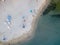 Aerial view of a beach with canoes, boats and umbrellas. Beach of Pizzo Calabro, Calabria, Italy