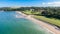 Aerial view on beach and coast of see in Helen\\\'s Bay, Northern Ireland. Drone shot sunny day