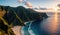 Aerial View of a Beach with Mountains in the Background on tropical island paradise at sunrise sunset