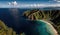 Aerial View of a Beach with Mountains in the Background on tropical island paradise at sunrise sunset