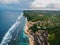 Aerial view of beach with ocean in Bali, Melasti beach