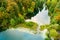 Aerial view of beautiful Balsys lake, one of six Green Lakes, located in Verkiai Regional Park. Birds eye view of scenic emerald