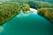 Aerial view of beautiful Balsys lake, one of six Green Lakes, located in Verkiai Regional Park. Birds eye view of scenic emerald