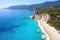 Aerial view of beautiful beach in Kefalonia, Greece, Aerial flight with drone over famous beach of Kavalikefta on the island of