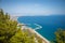 Aerial view of beautiful blue Gulf of Antalya, Konyaalti beach and popular seaside, Antalya, Turkey