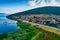 Aerial view of the beautiful fishing village Psarades in Prespa lake