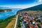 Aerial view of the beautiful fishing village Psarades in Prespa lake