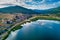 Aerial view of the beautiful fishing village Psarades in Prespa lake