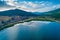 Aerial view of the beautiful fishing village Psarades in Prespa lake