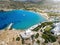 Aerial view of the beautiful Galissas beach at the west coast of Syros island