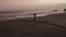 Aerial view of beautiful girl in bikini on the black beach at sunset