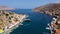 Aerial view of the beautiful greek island of Symi (Simi) with colorful houses and small boats. Greece, Symi island, view of the