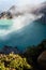 Aerial view of beautiful Ijen volcano with acid lake and sulfur gas going from crater