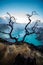 Aerial view of beautiful Ijen volcano with acid lake and sulfur gas going from crater