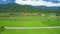 Aerial view beautiful Kecheng Iron Bridge over rice paddy fields in Yuli, Hualien, Taiwan