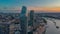 Aerial view of the beautiful landmarks of London, United Kingdom under a soft evening light