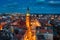 Aerial view of the beautiful main city in Gdansk at dusk, Poland